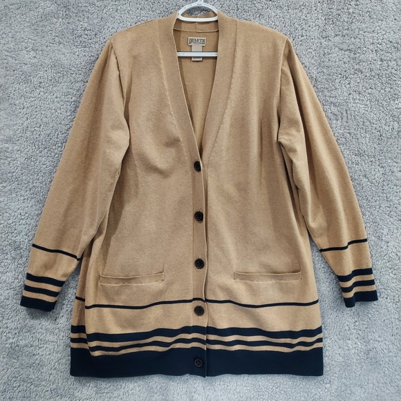 Duluth Pack Sweaters - Duluth Trading Longline Cardigan Womens 1X Tan Navy Striped Open Front Preppy